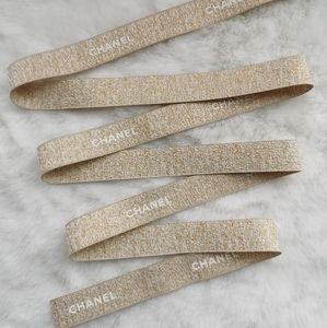 Authentic Chanel Holiday Woven Ribbon Beige With Gold Glitter And White Logo 59"